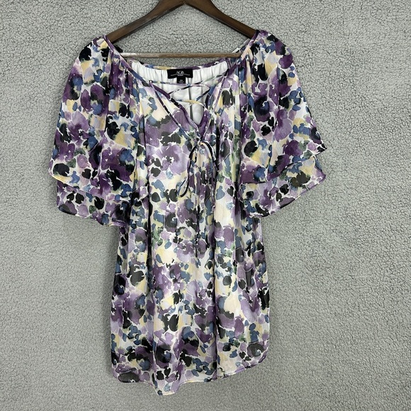 AGB Womens‎ 2X Purple Floral Chiffon Lace Up Top Ruffle Short Sleeve Boho - Picture 1 of 7
